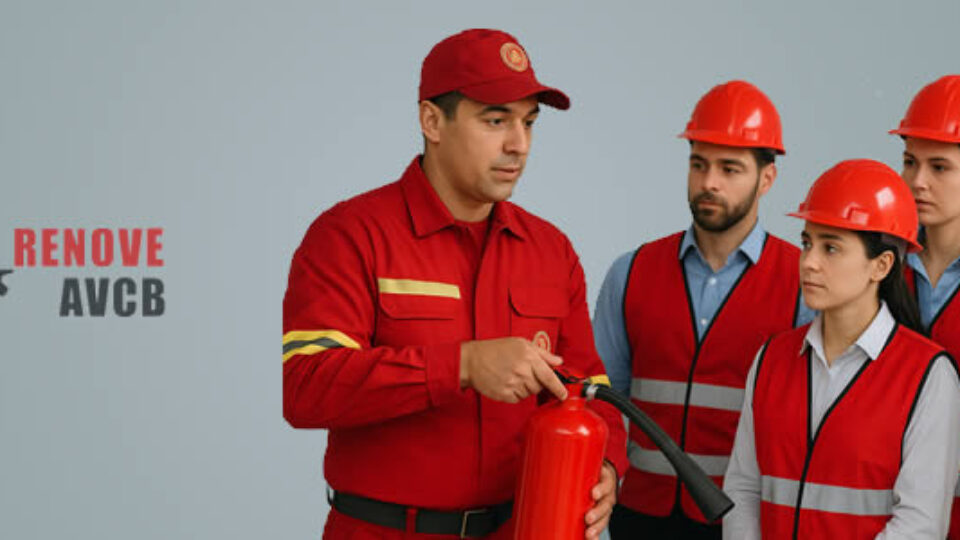 Instrutor do Corpo de Bombeiros realizando treinamento de brigada de incêndio com equipe empresarial